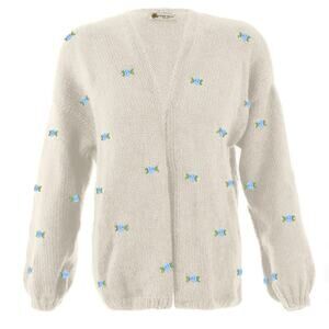 Fanm Mon WINTER BLOOM BLUE ROSE Ivory Cream Wool Cardigan Size M/L